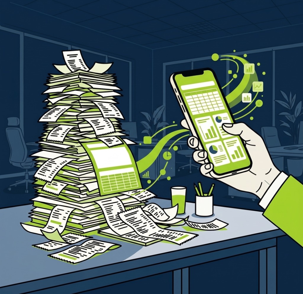 山積みの領収書をスマホで一瞬でデジタルデータ化するイメージ